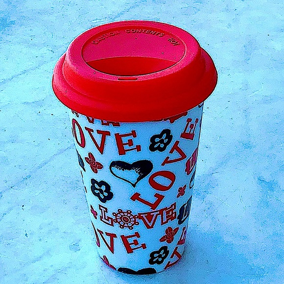 ECO ONE REUSE ME TRAVEL MUG LOVE HEARTS RED SILICON LID COFFEE 10 OZ - Picture 2 of 5